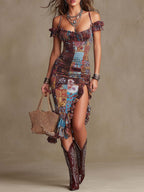 Boho-Chic Floral Ruffle Midi Dress
