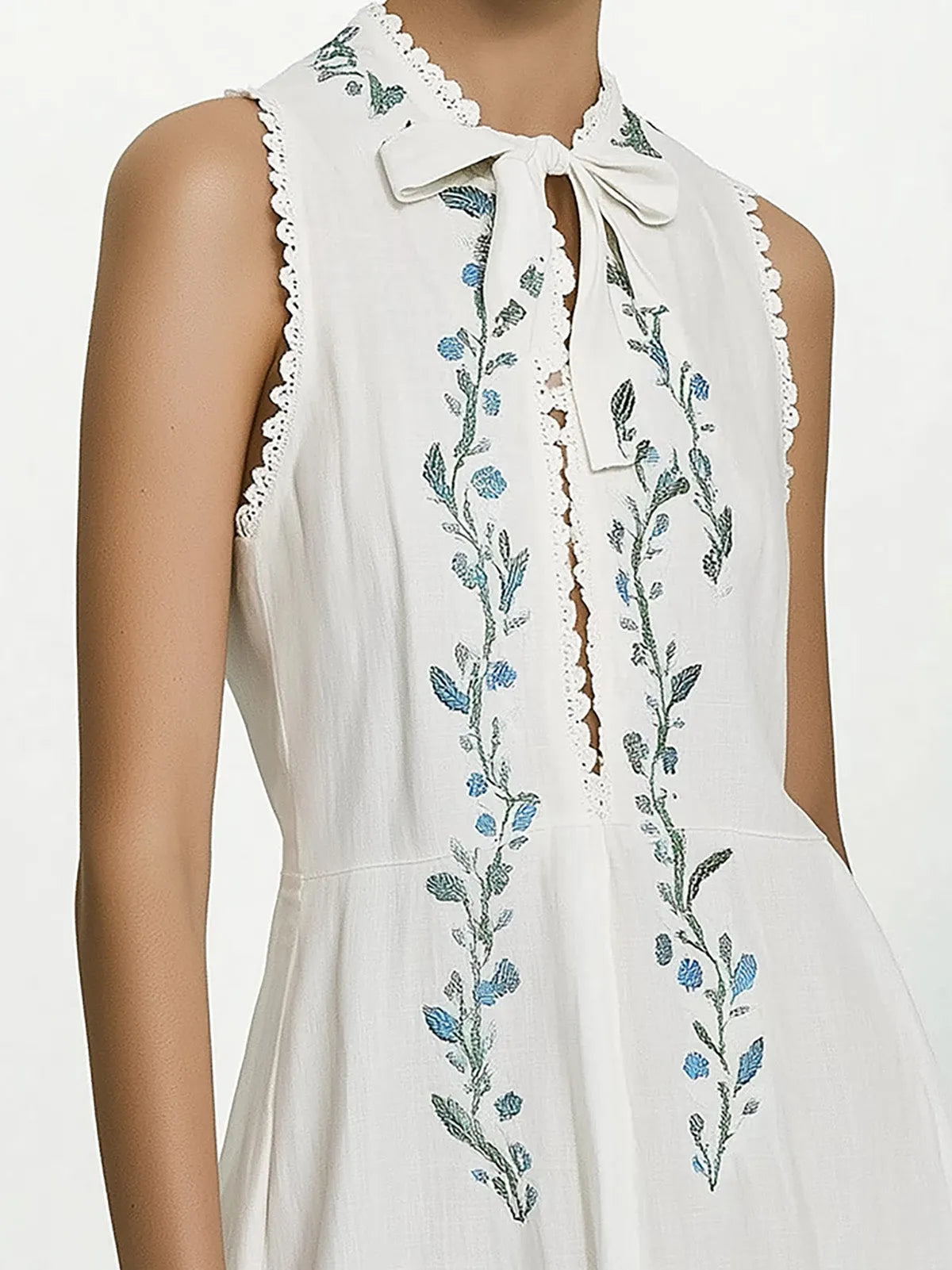 White Sleeveless Linen Dress with Embroidered Front