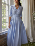 Midi Cotton Dress, Half Sleeve, V Neck, Plain, Lace, Vintage, Blue