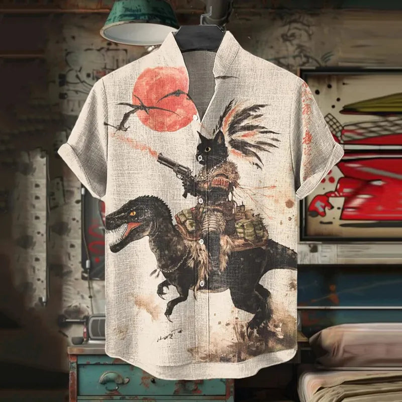 Men's Retro Tribal Black Cat Rides A Dinosaur Print Short Sleeve Shirt