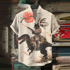 Men's Retro Tribal Black Cat Rides A Dinosaur Print Short Sleeve Shirt