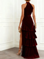 Burgundy Ruched Peplum Velvet Halter Sleeveless A-Line Gown Dress