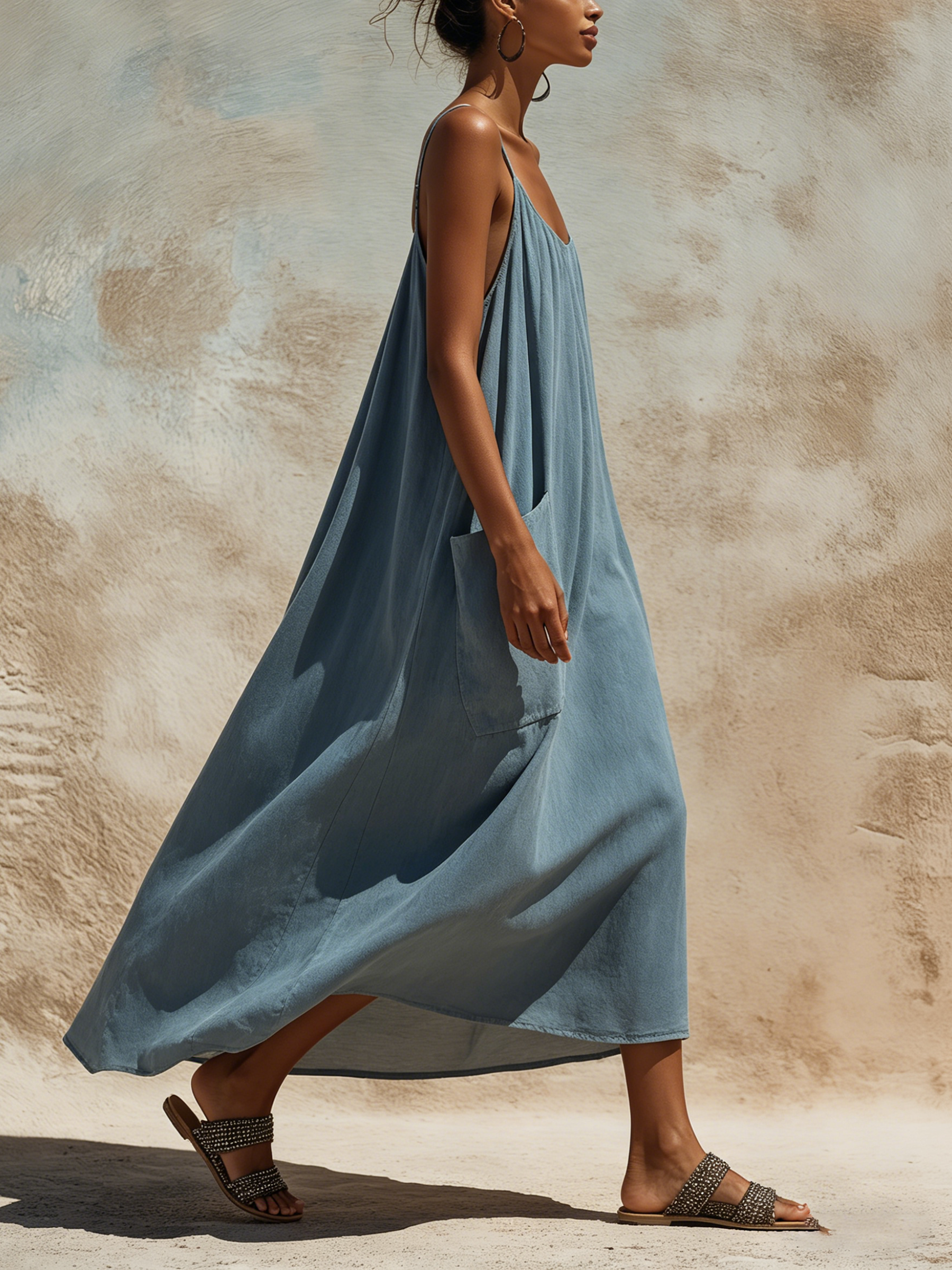 Slate Blue Linen-Blend Maxi Slip Dress - Oversized Pocketed Casual Dress