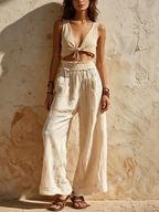 Beige Linen Blend High Waist Wide Leg Pants