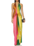 Rainbow Halter Deep V Twist Satin Maxi Dress