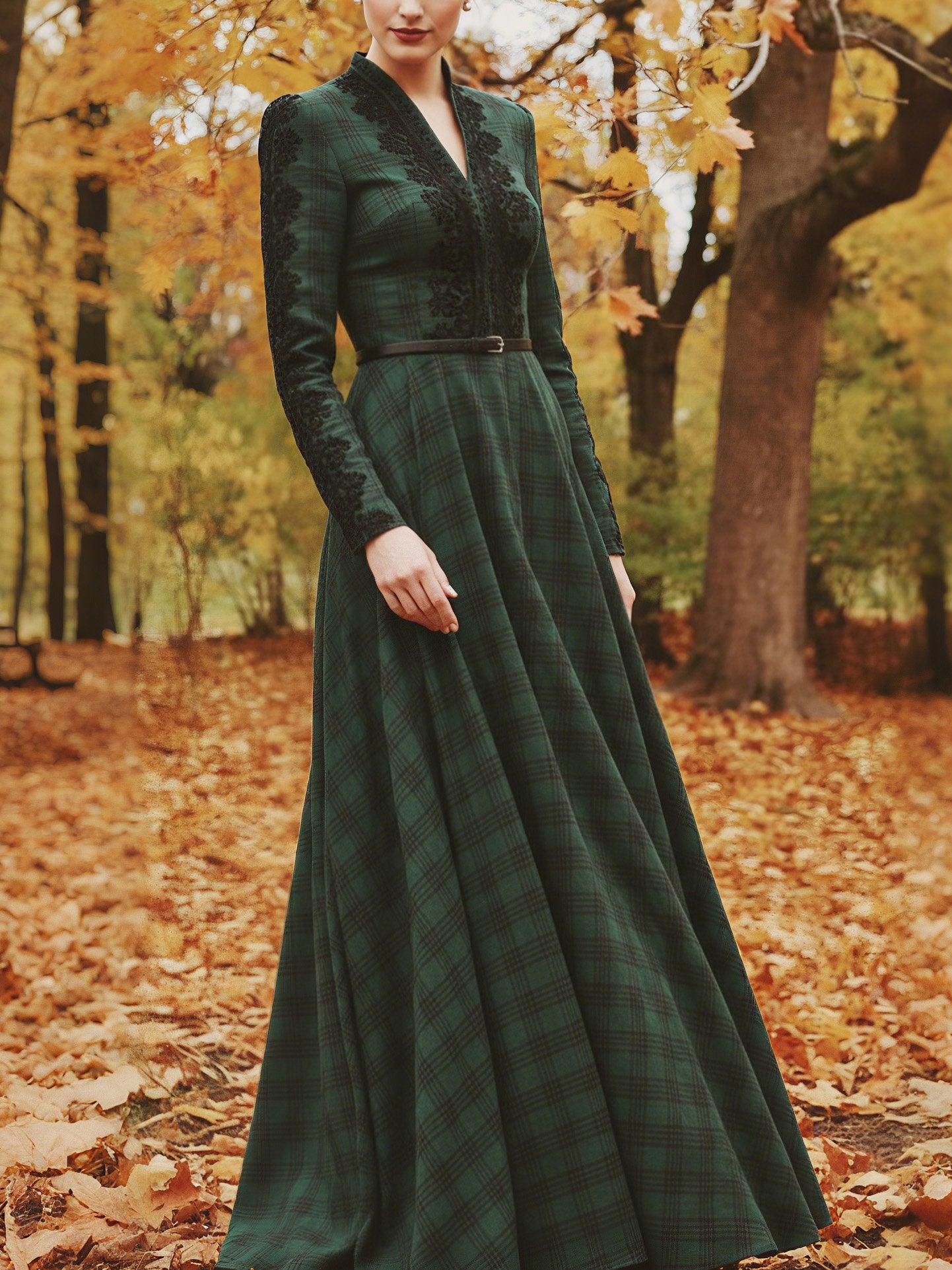 Maxi Linen Dress, Long Sleeves, V Neck, Plaid, Lace, Vintage, Deep Green