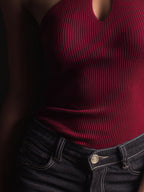 Retro Key Hole Burgundy Ribbed Knit Halter Top