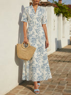 Maxi Linen Dress, Short Sleeves, Lapel Collar, Paisley, Floral, Button Design, Vintage, Blue