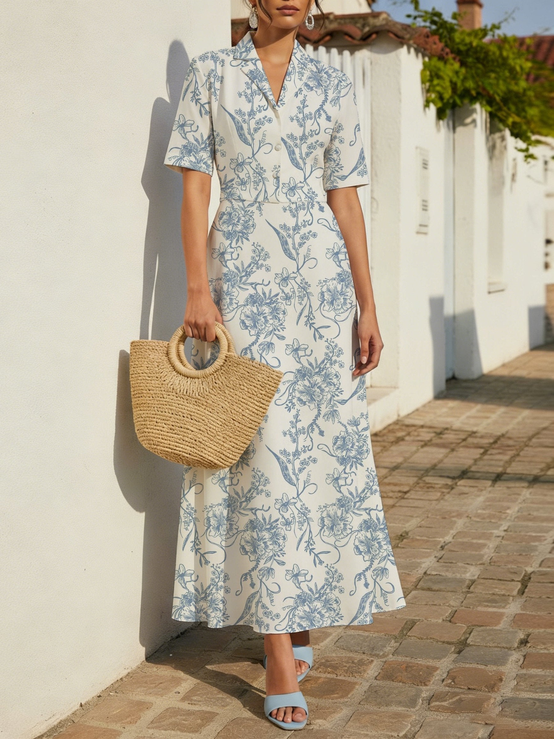 Maxi Linen Dress, Short Sleeves, Lapel Collar, Paisley, Floral, Button Design, Vintage, Blue