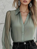 (sale)Chic Timeless Sheer Sleeve Button-Up Shirt