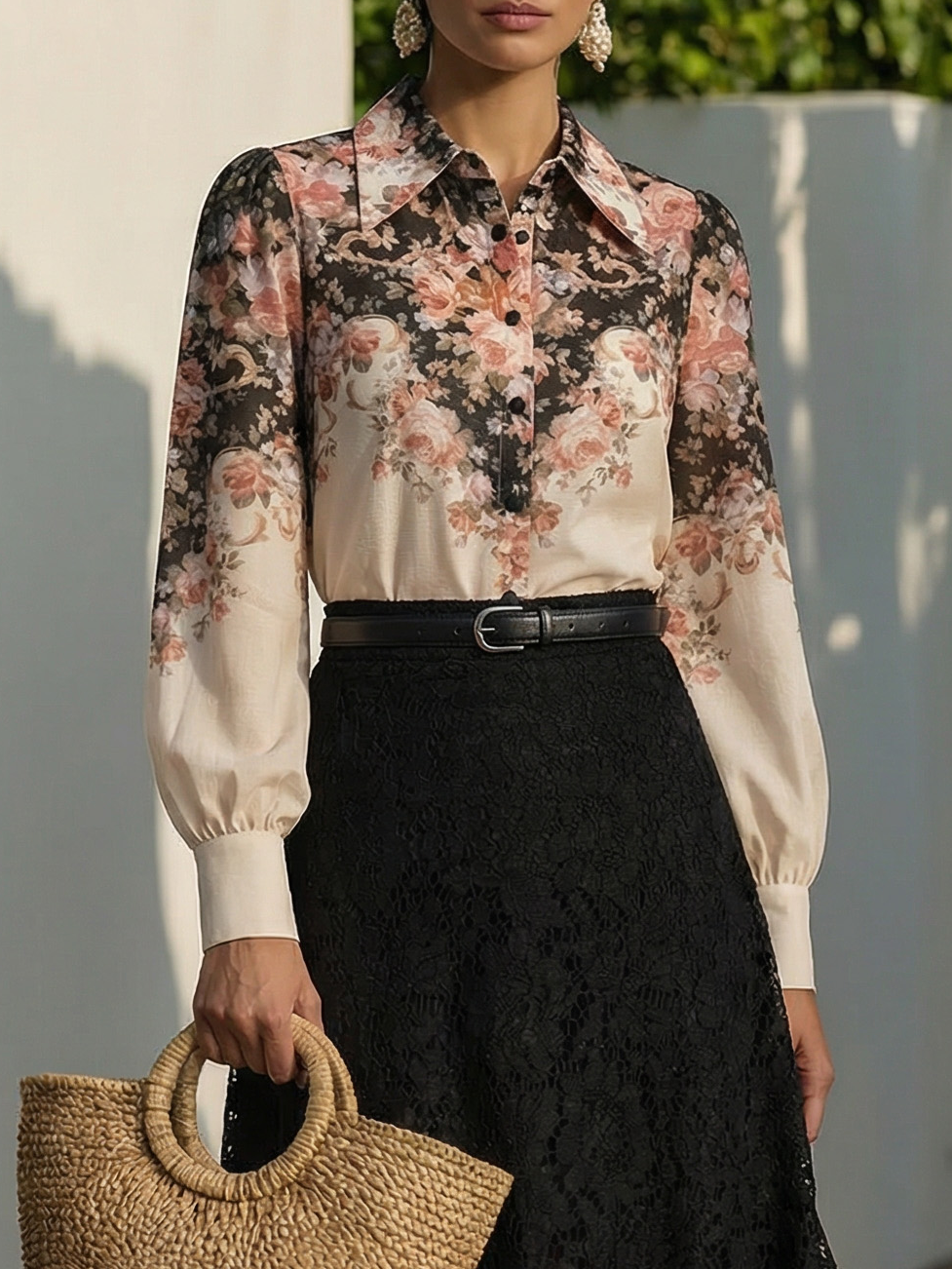 Cotton Shirt, Long Sleeves, Shawl Collar, Floral, Button Design, Vacation, Vintage, Apricot