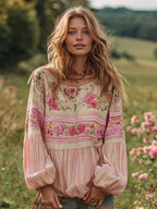 Women's Vintage Pink Rose And Striped Casual Linen Shirt