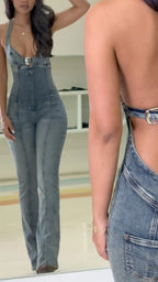 Halter V Neck Denim Jumpsuit, Slim Fit Flare Denim Overall