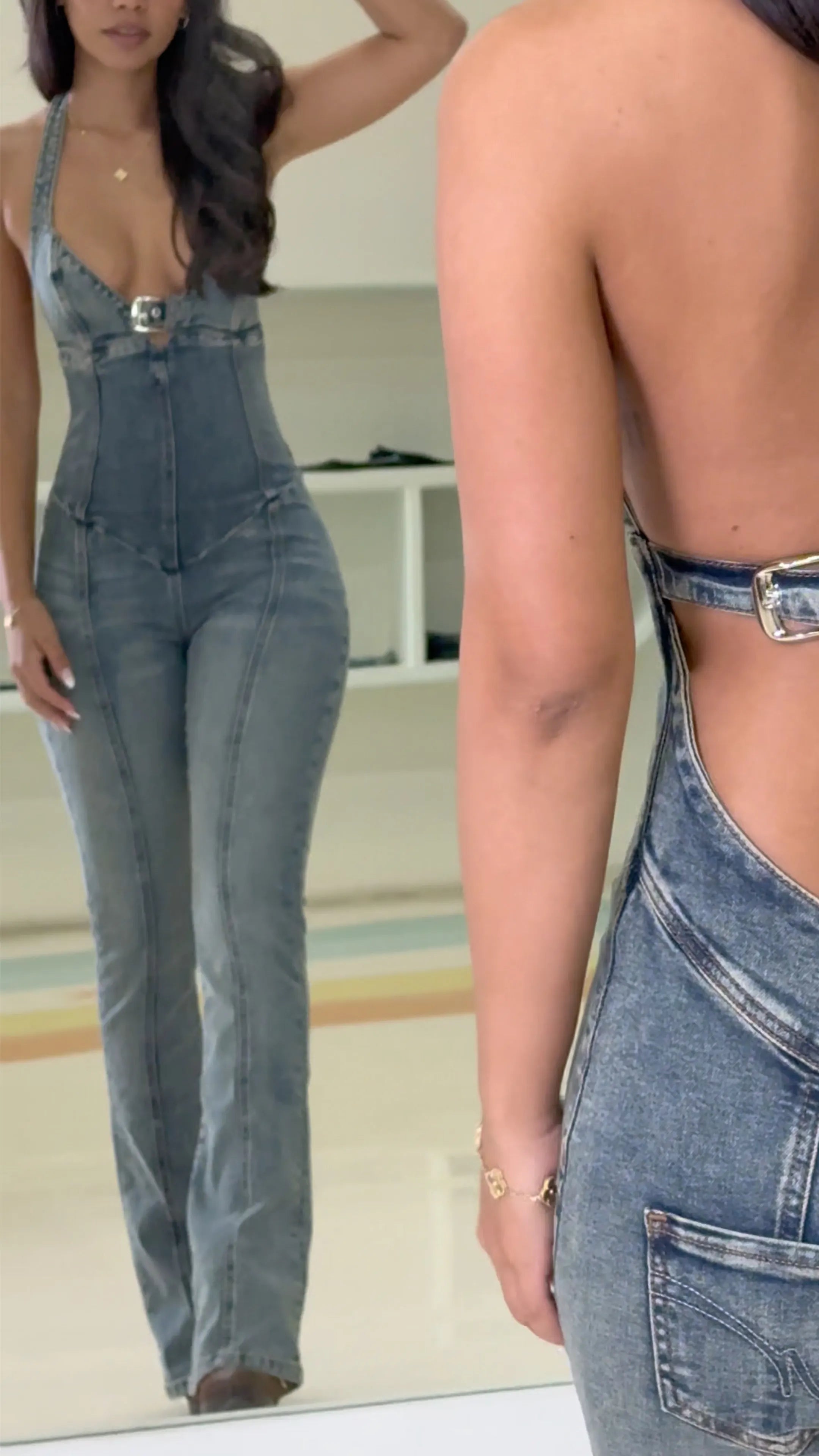 Halter V Neck Denim Jumpsuit, Slim Fit Flare Denim Overall