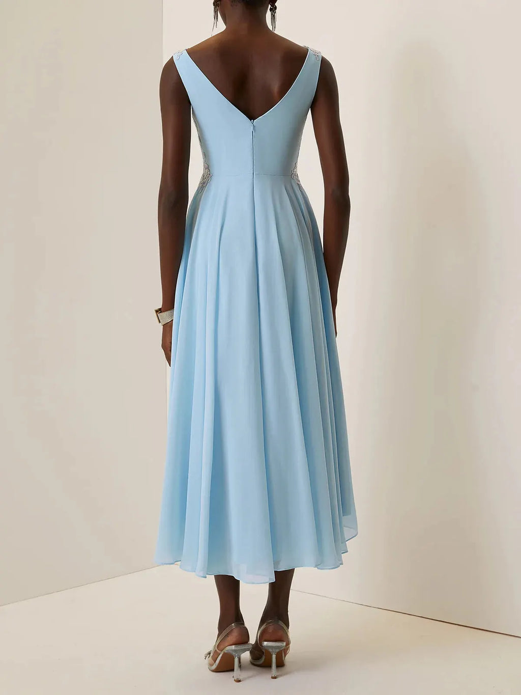 Light Blue Sequin Lace Asymmetric Chiffon V Neck Sleeveless A-Line Maxi Dress