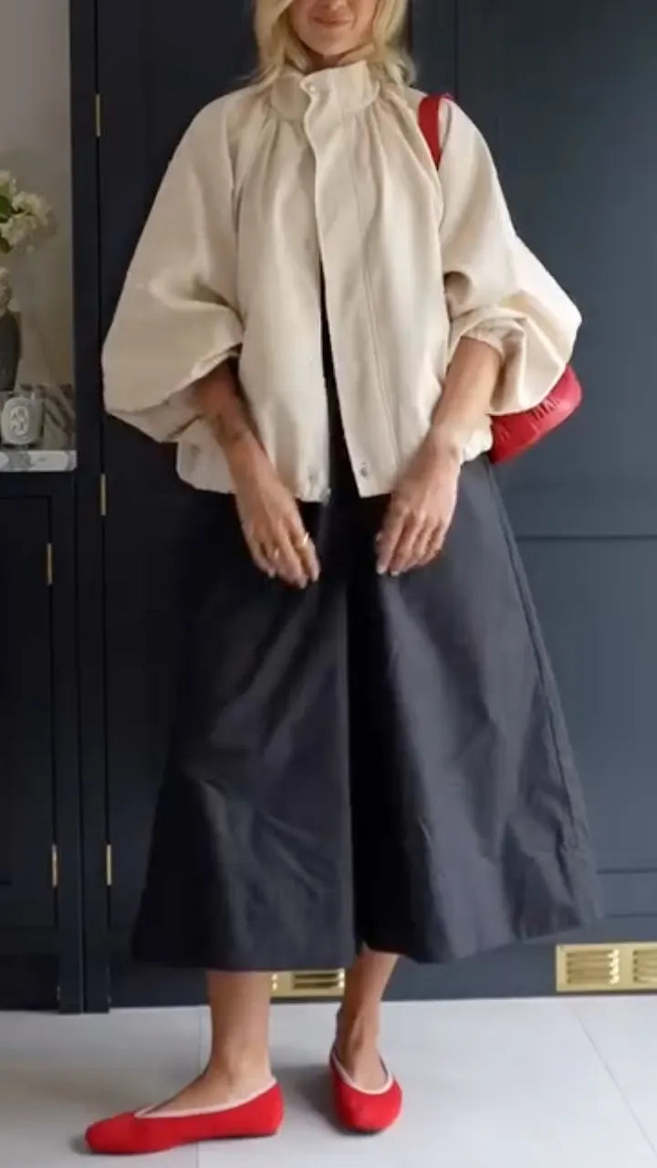 Puff Sleeve Jacket & Black Culottes Outfit