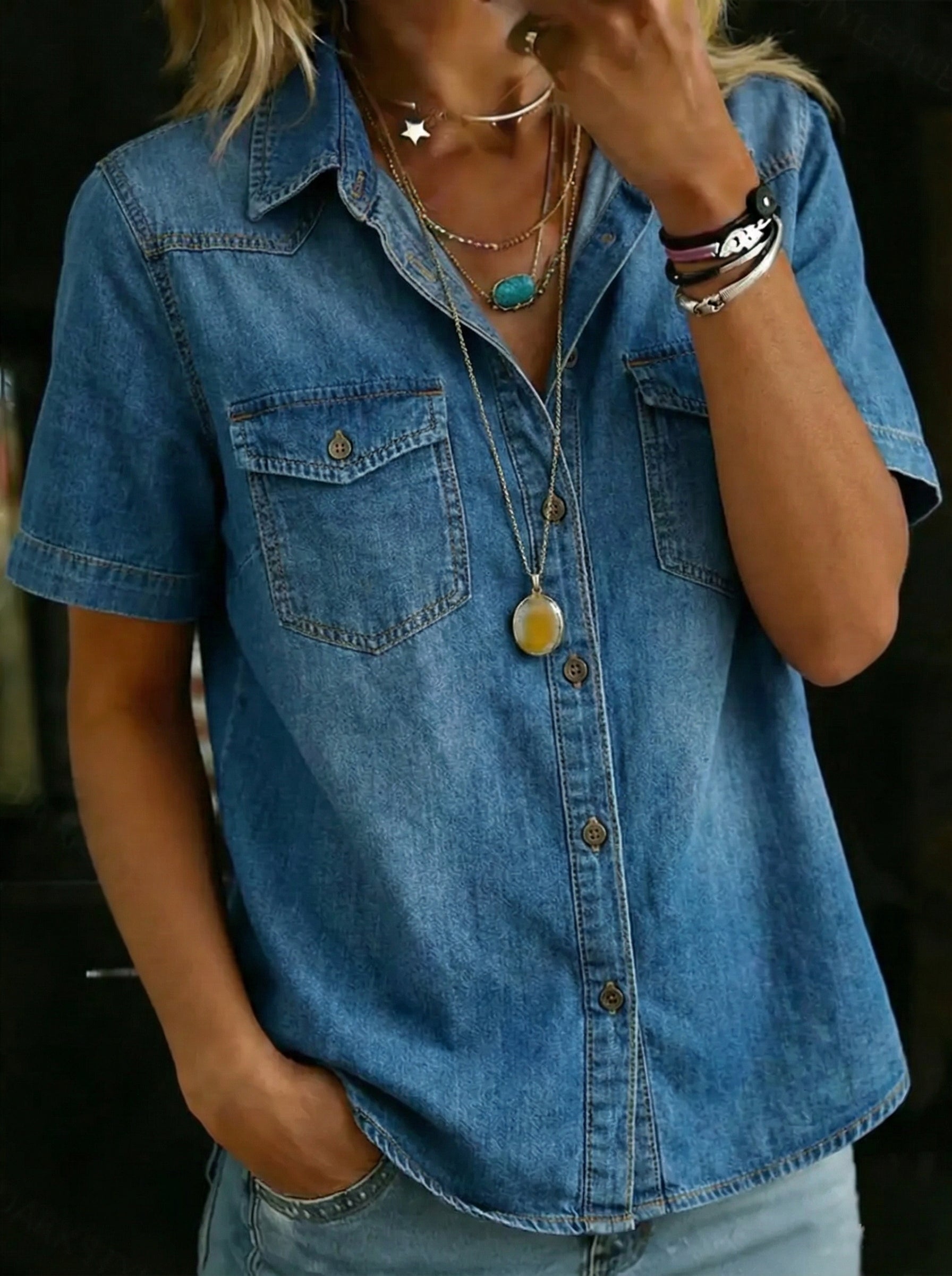 Women's Fashion Denim Short Sleeve Collared Button Up Jean Shirt Tops