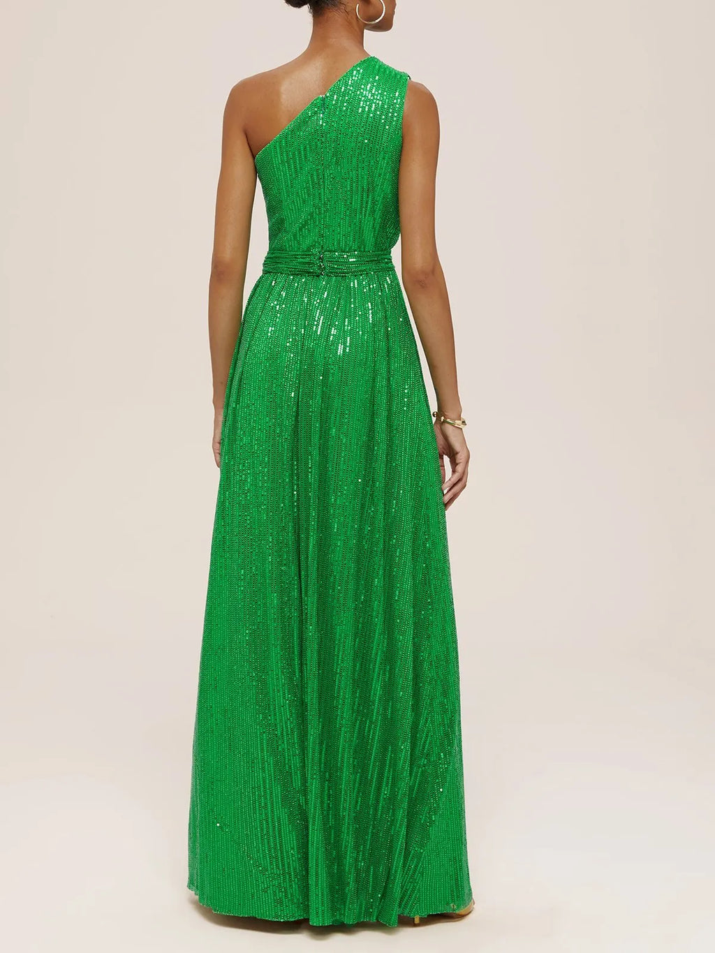 Green One Shoulder Sleeveless A-Line Gown  Sequin Dress