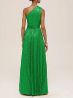 Green One Shoulder Sleeveless A-Line Gown  Sequin Dress