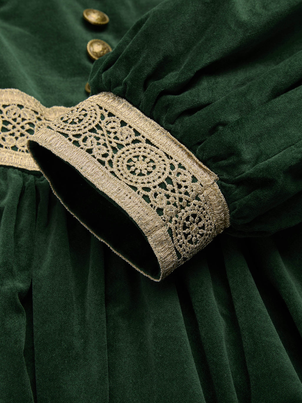 Maxi Cotton Dress, Long Sleeves, Square Neck, Plain, Lace, Vintage, Green
