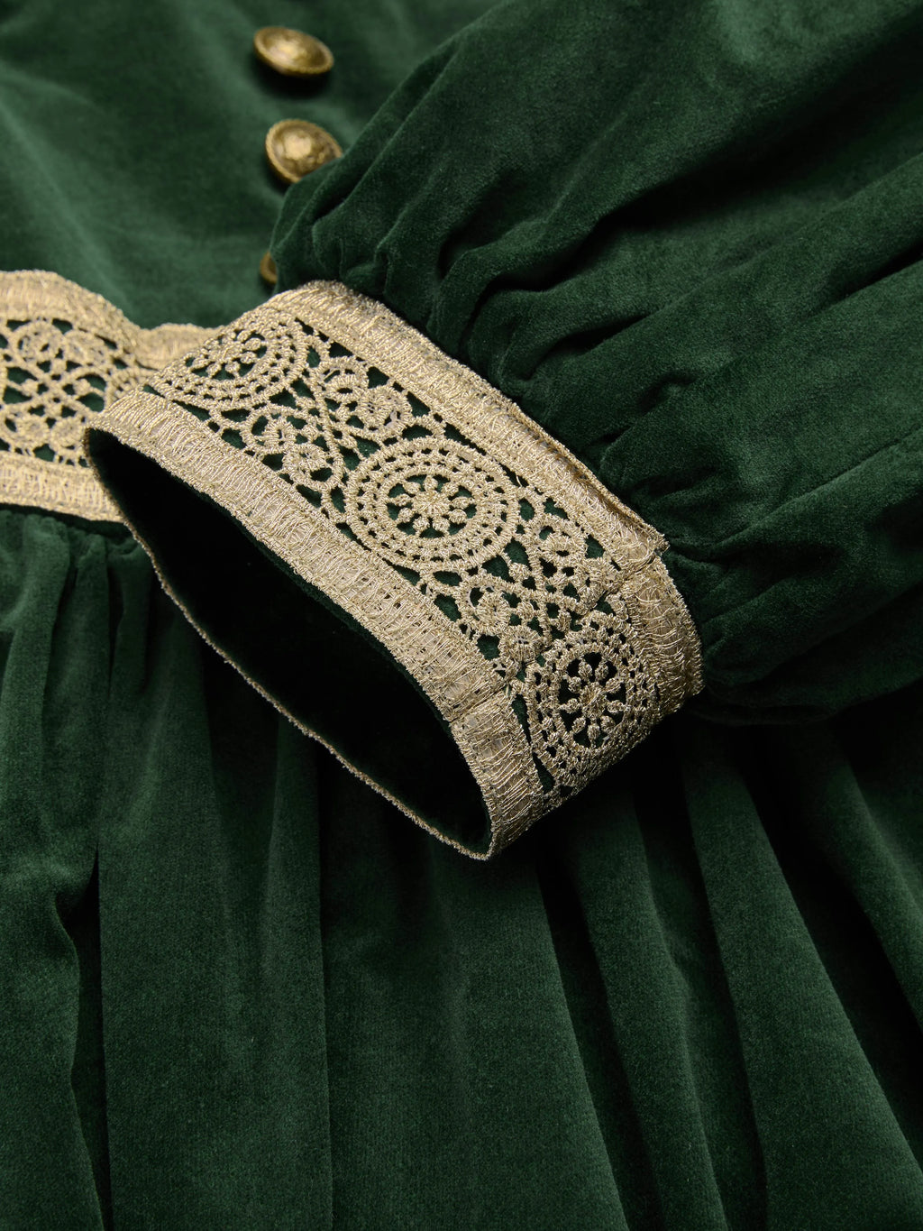 Maxi Cotton Dress, Long Sleeves, Square Neck, Plain, Lace, Vintage, Green