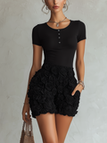 Black Embossed Floral Patchwork Mini Dress With Button Front