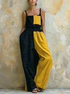 Black & Yellow Colorblock Sleeveless Wide Leg Jumpsuit