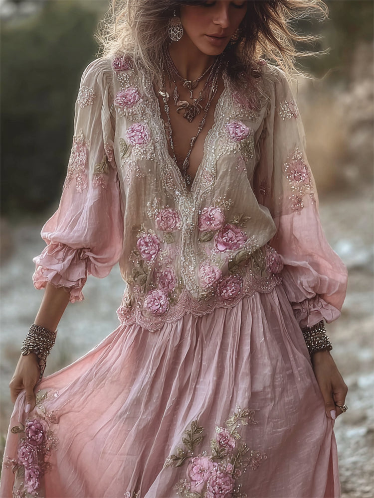Boho Glitter Pink Roses Lace Gradient Flowy Linen Maxi Dress