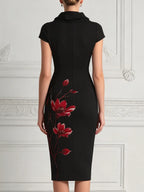 Black Cowl Neck Red Floral Print Bodycon Midi Dress