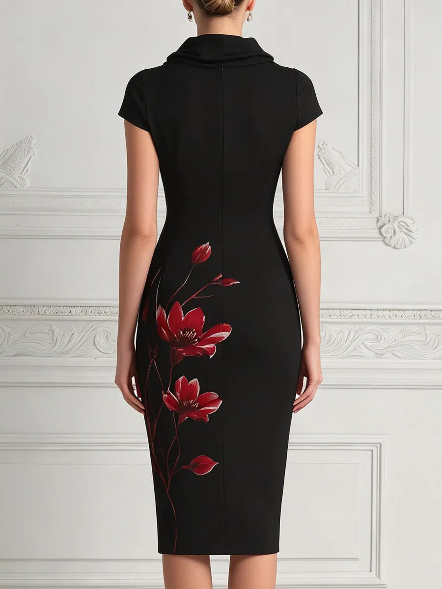 Black Cowl Neck Red Floral Print Bodycon Midi Dress
