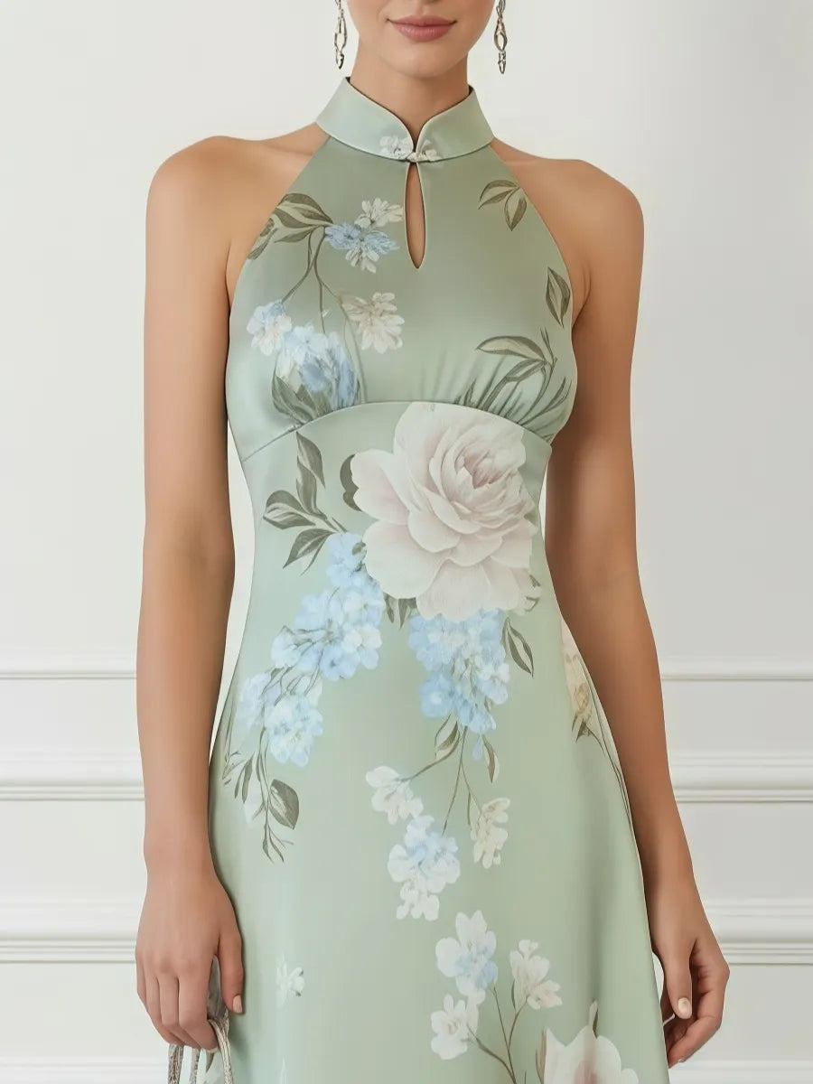 Light Green Floral Satin Mock Neck Sleeveless A-Line Maxi Dress
