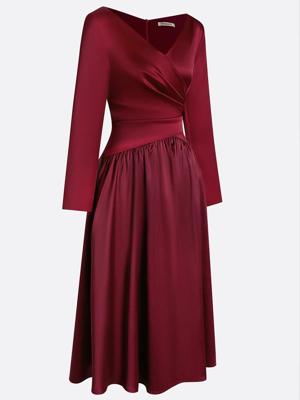 Burgundy Ruched Satin V Neck Long Sleeve A-Line Midi Dress
