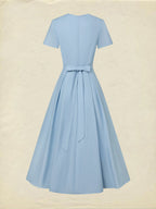 Maxi Linen Dress, Short Sleeves, V Neck, Plain, Lace, Vintage, Blue