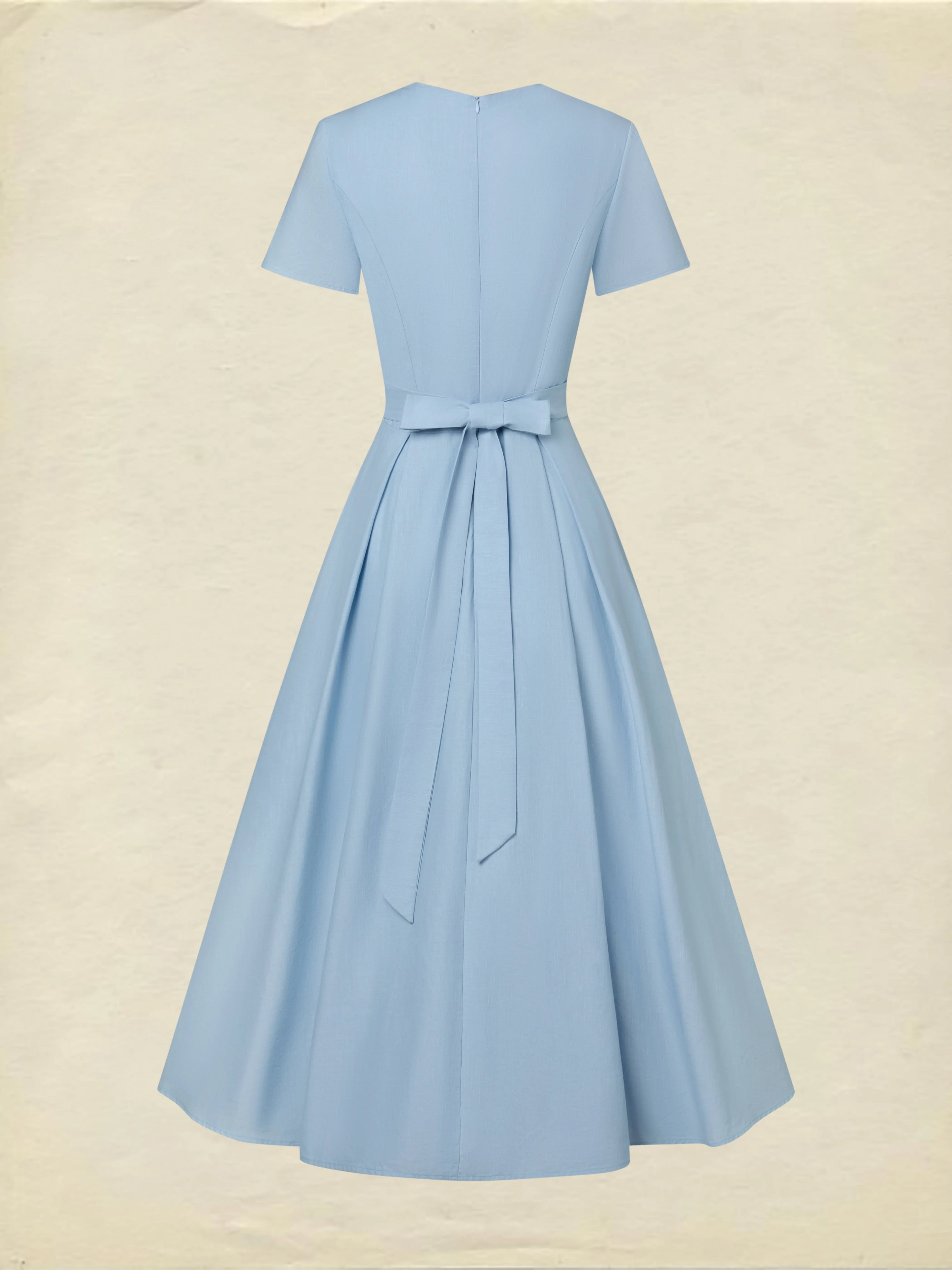 Maxi Linen Dress, Short Sleeves, V Neck, Plain, Lace, Vintage, Blue