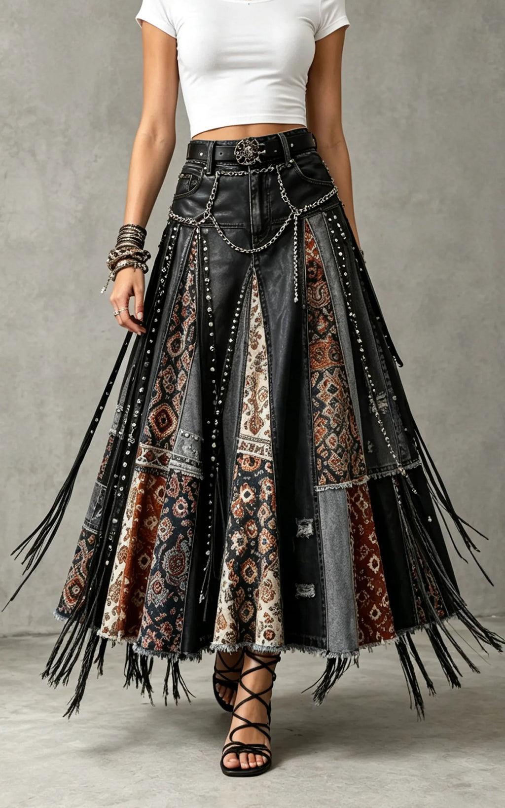 Patchwork Faux Leather Fringe Maxi Skirt