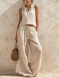 Beige Linen-Blend Sleeveless Top & Drawstring Wide-Leg Pants Two-Piece Set