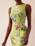 Green Floral Boat Neck Sleeveless Mermaid Midi Dress
