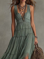 Bohemian Holiday Pleated Chiffon Tiered Maxi Dress