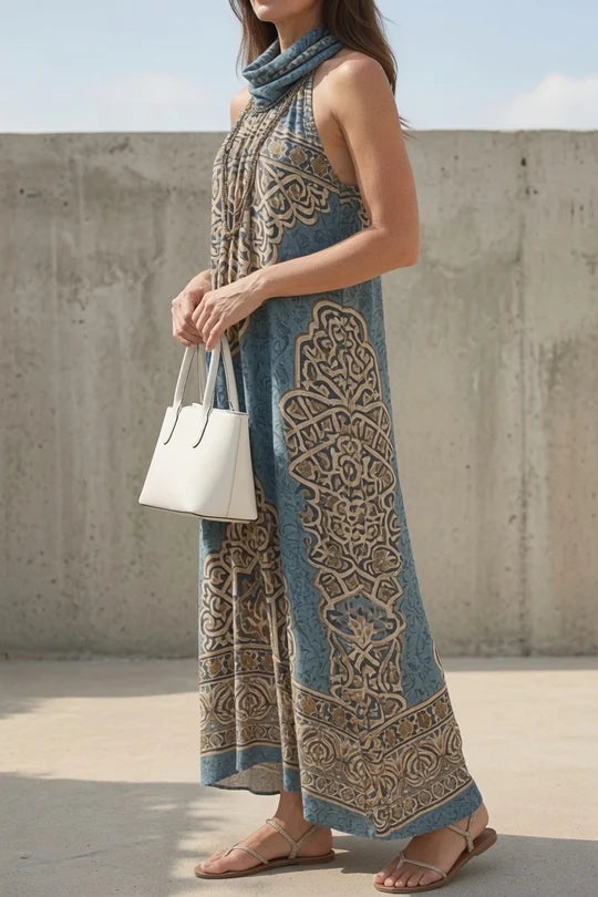 Halter Cowl Neck Boho Print Maxi Dress