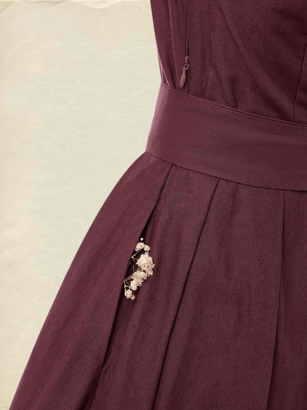 Midi Cotton Dress, Long Sleeves, One Shoulder, Plain, Belt Design, French Vintage, CAMEO BROWN