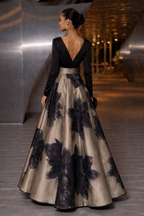 Black Champagne 3D Floral Print High Waist A-Line Maxi Dress