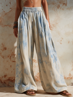 Beige High-Waisted Wide-Leg Pants With Elastic Waistband