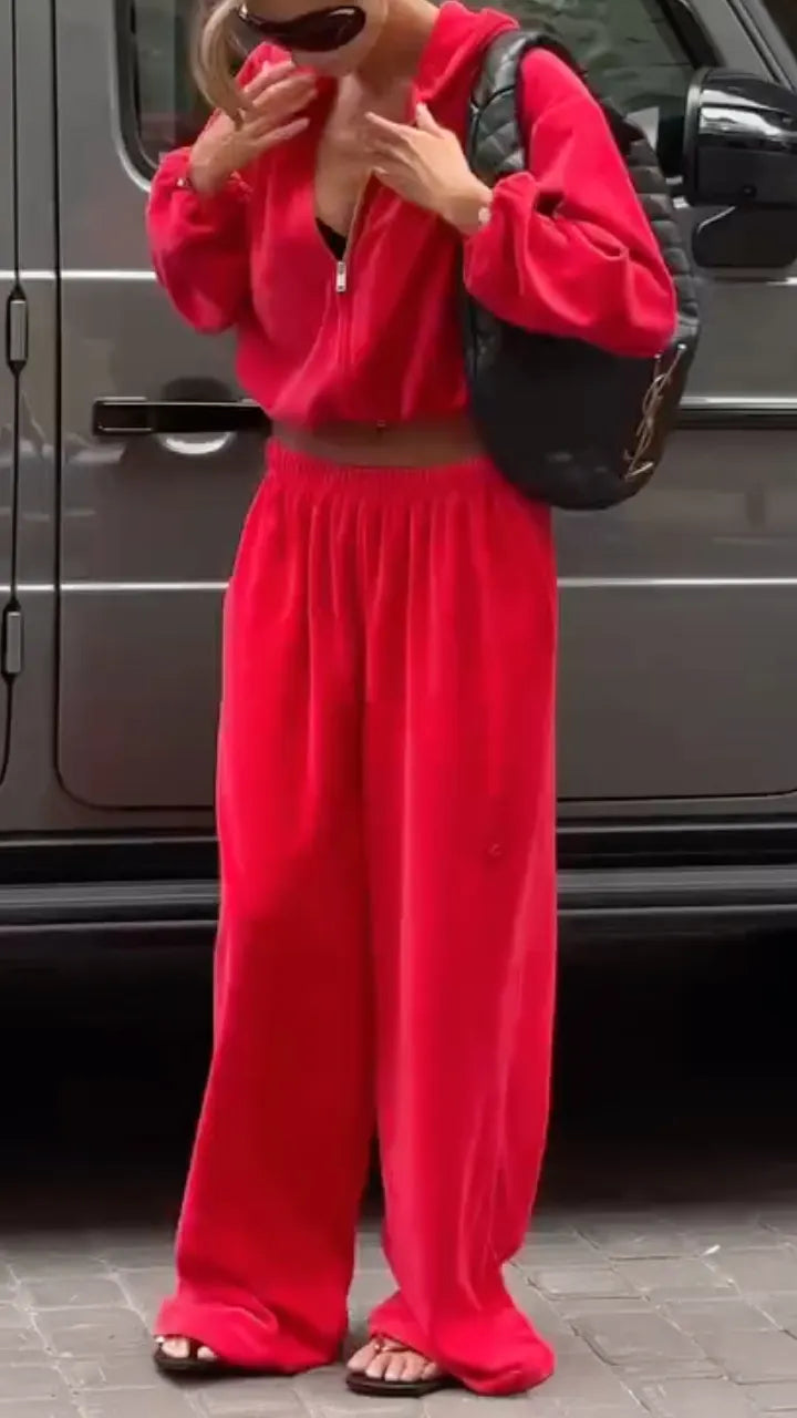 Red Velour Hooded Two Piece Tracksuit