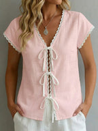 Color-block Short-sleeve Laces Top