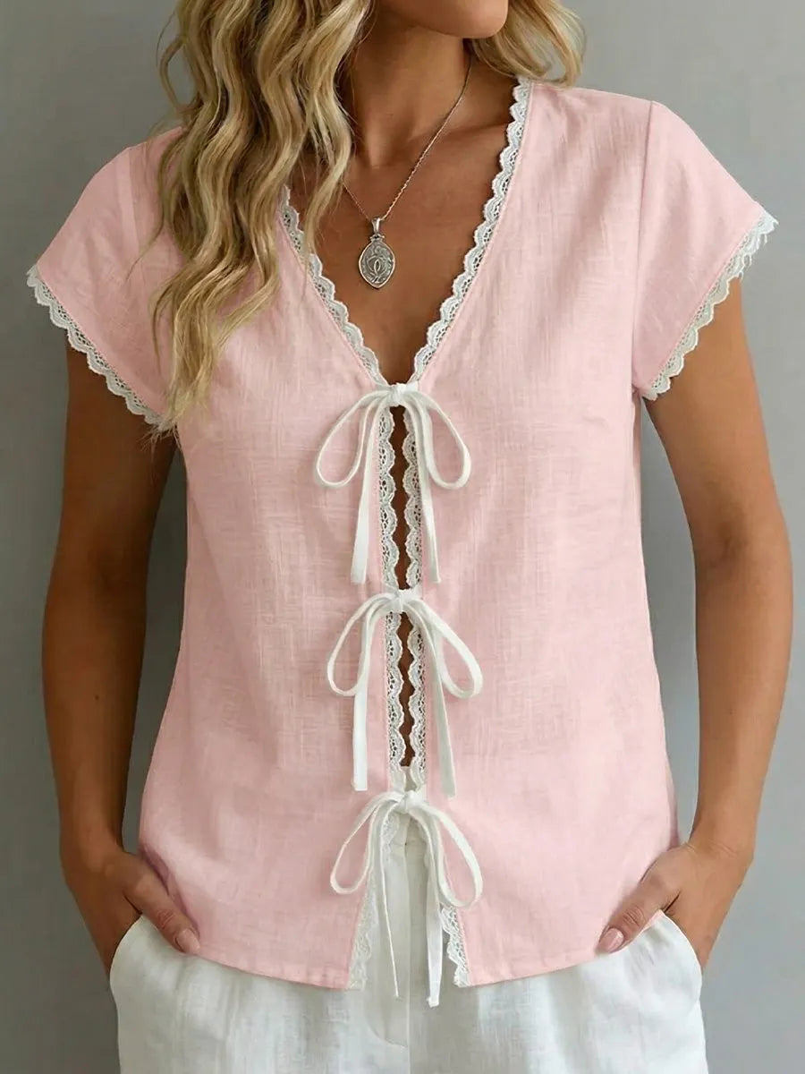 Color-block Short-sleeve Laces Top