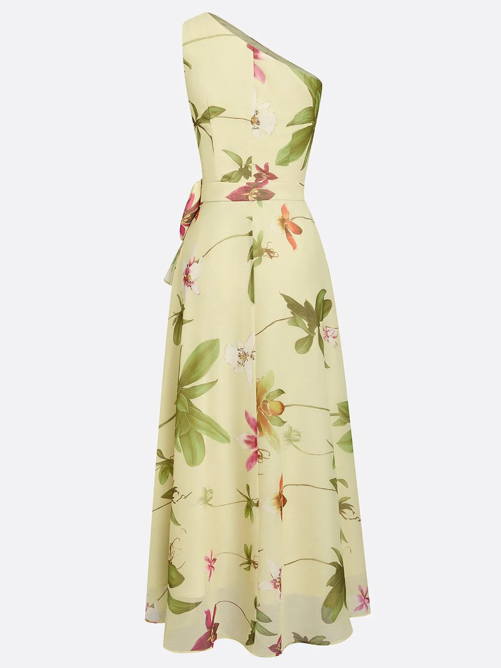 Yellow Floral Bow Chiffon One Shoulder Sleeveless A-Line Maxi Dress