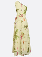 Yellow Floral Bow Chiffon One Shoulder Sleeveless A-Line Maxi Dress