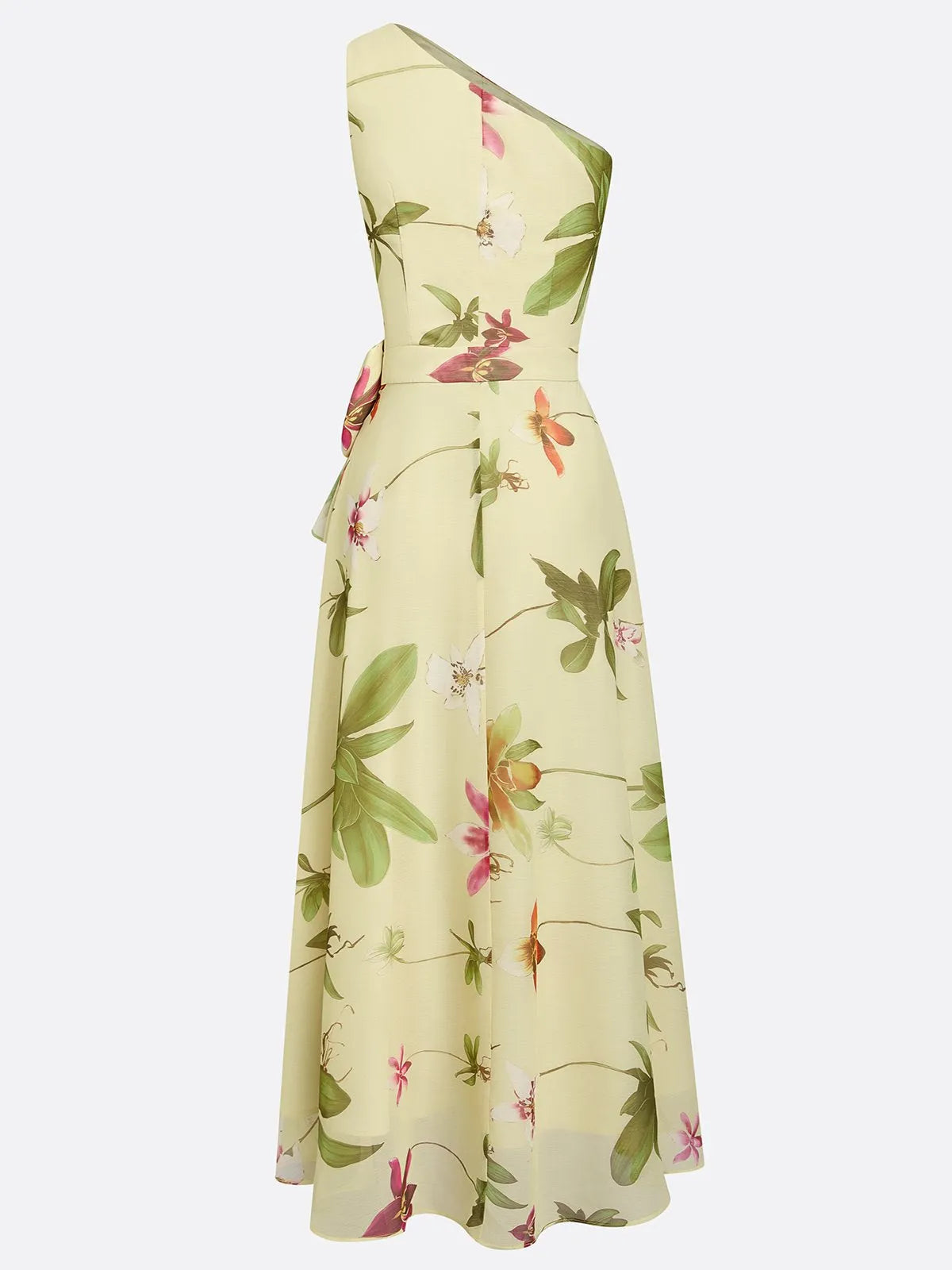 Yellow Floral Bow Chiffon One Shoulder Sleeveless A-Line Maxi Dress