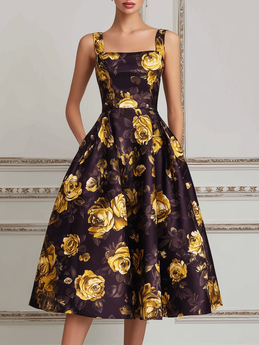 Dark Purple & Gold Rose Print A-Line Midi Dress