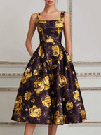 Dark Purple & Gold Rose Print A-Line Midi Dress